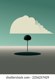 Surreal Tree in minimalist style. Minimal landscape with tree cloud and sky