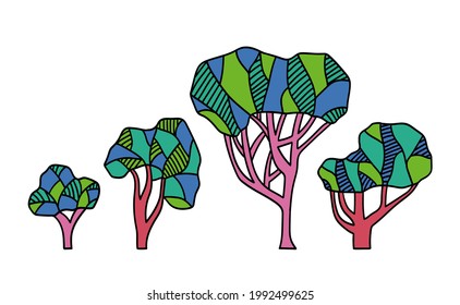 Surreal trees. Bright coloured artistic sketch, vector illustration.