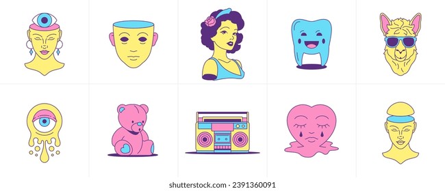 Surreal trendy cartoon characters psychedelic emoji sticker groovy icon set vector flat illustration. Funky comic elements and symbols retro woman tooth lama eye bear tape recorder heart emblem