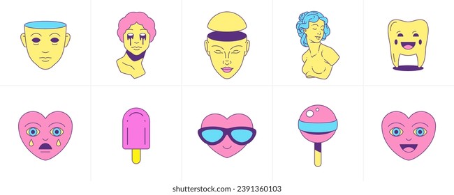 Pegatinas surrealistas de moda caricatura personaje emoji psiqudelic groovy icono conjunto vector ilustración plana. Elementos cómicos funky escultura cabeza humana dientes corazón helado lollipop divertidas etiquetas de arte pop