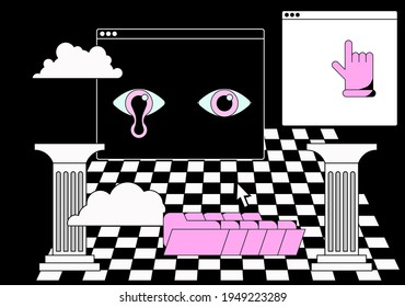 Surreal vaporwave composition with retro user interface elements, hand pointer, greek pillars. Concept of malware, computer virus, ransomware.