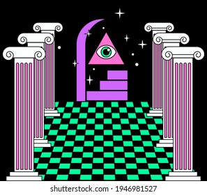 Surreal vaporwave landscape with a checkerboard floor, ancient columns and the all-seeing eye in a triangle. Trendy occult psychedelic style illustration.