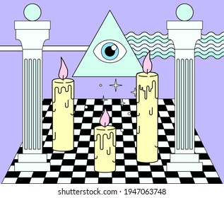 Surreal vaporwave landscape with a checkerboard floor, ancient columns and the all-seeing eye in a triangle. Trendy occult psychedelic style illustration.