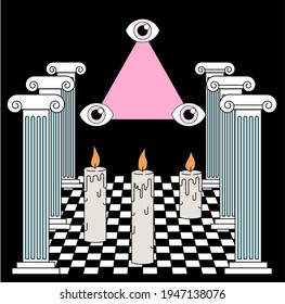 Surreal vaporwave landscape with a checkerboard floor, ancient columns and the all-seeing eye in a triangle. Trendy occult psychedelic style illustration.