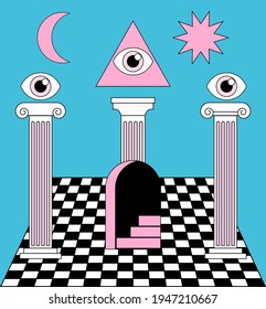 Surreal vaporwave landscape with a checkerboard floor, ancient columns and the all-seeing eye in a triangle. Trendy occult psychedelic style illustration.