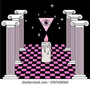 Surreal vaporwave landscape with a checkerboard floor, ancient columns and the all-seeing eye in a triangle. Trendy occult psychedelic style illustration.