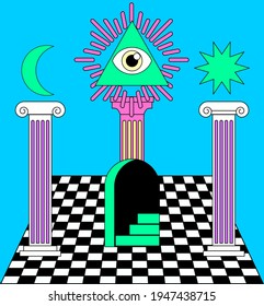 Surreal vaporwave landscape with a checkerboard floor, ancient columns and the all-seeing eye in a triangle. Trendy occult psychedelic style illustration.