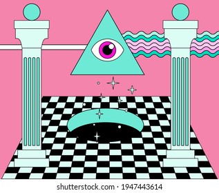 Surreal vaporwave landscape with a checkerboard floor, ancient columns and the all-seeing eye in a triangle. Trendy occult psychedelic style illustration.