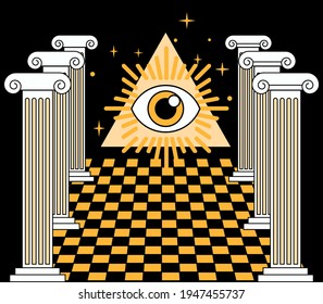 Surreal vaporwave landscape with a checkerboard floor, ancient columns and the all-seeing eye in a triangle. Trendy occult psychedelic style illustration.