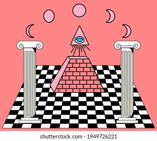 Surreal vaporwave landscape with a checkerboard floor, ancient columns and the all-seeing eye in a triangle. Trendy occult psychedelic style illustration.