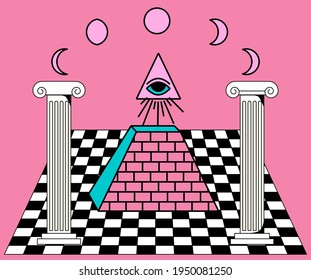 Surreal vaporwave landscape with a checkerboard floor, ancient columns and the all-seeing eye in a triangle. Trendy occult psychedelic style illustration.