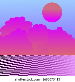 Surreal vaporwave landscape with chessboard floor and sunset above it.