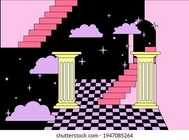 Surreal vaporwave room interior with a checkerboard floor, pillars and stairs. Trendy pop art psychedelic style illustration.