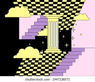 Surreal vaporwave room interior with a checkerboard floor, pillar and stairs. Trendy pop art psychedelic style illustration.