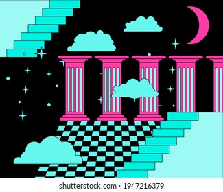 Surreal vaporwave room interior with a checkerboard floor, pillars and stairs. Trendy pop art psychedelic style illustration.
