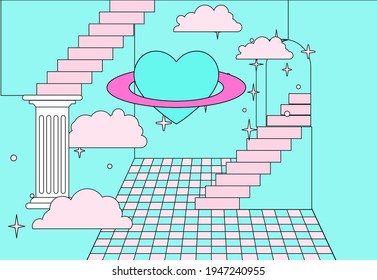 Surreal vaporwave room interior with a checkerboard floor, pillars and stairs. Trendy pop art psychedelic style illustration.