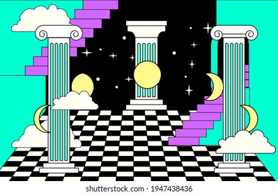 Surreal vaporwave room interior with a checkerboard floor, pillars and stairs. Trendy pop art psychedelic style illustration.