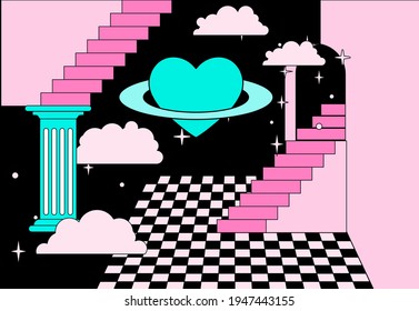 Surreal vaporwave room interior with a checkerboard floor, pillars and stairs. Trendy pop art psychedelic style illustration.