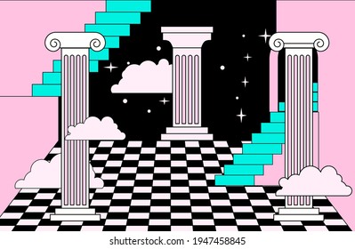 Surreal vaporwave room interior with a checkerboard floor, pillars and stairs. Trendy pop art psychedelic style illustration.