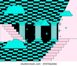 Surreal vaporwave room interior with a checkerboard floor, pillars and stairs. Trendy pop art psychedelic style illustration.