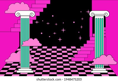 Surreal Vaporwave Room Interior Checkerboard Floor Stock Vector ...