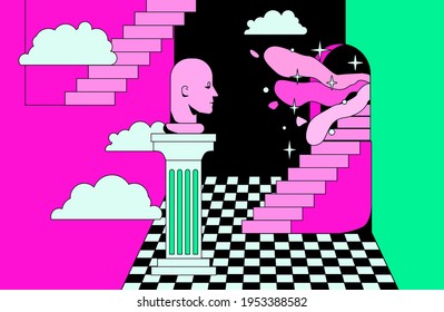 Interior surrealista de vaporwave room con un tablero de ajedrez, columnas y escaleras. Arte pop de moda ilustración de estilo psicodélico.