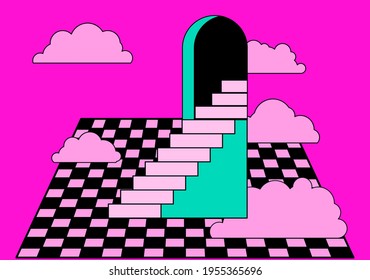 Surreal vaporwave room interior with a checkerboard floor and stairs. Trendy pop art psychedelic style illustration.