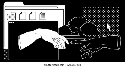 Surreal vaporwave style collage with two hands going to touch together and user interface elements, frames, file icons and windows.