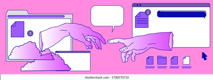 Surreal vaporwave style collage with two hands going to touch together and user interface elements, frames, file icons and windows.