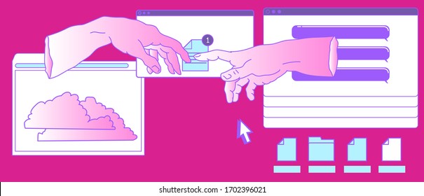 Surreal vaporwave style collage with two hands going to touch together and user interface elements, frames, file icons and windows.