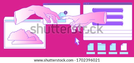 Surreal vaporwave style collage with two hands going to touch together and user interface elements, frames, file icons and windows.