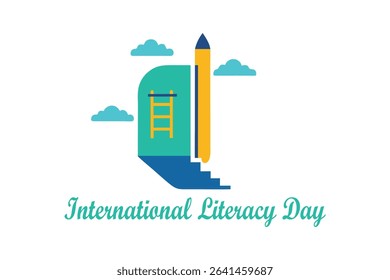 Surreal vector art for International Literacy Day—a pencil transforms into a ladder reaching a book-shaped door in the sky, symbolizing education, opportunity, and limitless learning.