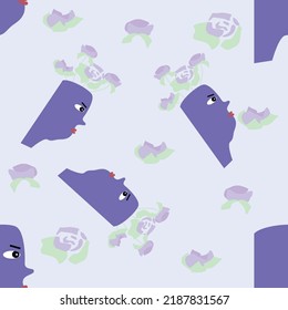 Surreal vector design. seamless repeating pattern. Abstract head with flowers. Green and purple colors. Wallpaper and textile design.