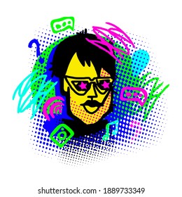 Surreale Vektorgrafik des Gesichtes eines Menschen. Rund um das sind Smartphone-Icons, Fragezeichen, Konversation, Musik, Ortsmarke, Chat. Farbverlauf-Trend.