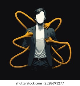 Surreal vector of a faceless man surrounded by multiple orange hands, symbolizing manipulation, control, or inner struggle. Perfect for themes of identity, mental health, and psychological concepts.