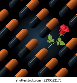 surreal vector illustration of black and orange medicine pills lined up with a red rose on a black background - medicine addiction concept