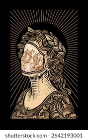 A surreal vector illustration in an engraving style, depicting a woman's head with an open space revealing a mountain landscape within, radiating light.