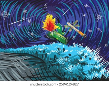 A surreal vector illustration featuring a glowing night sky with swirling stars, a lighter with butterfly wings, and a cigarette as a dragonfly. Ideal for conceptual, fantasy, and psychedelic themes.
