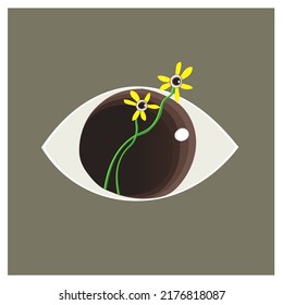 Surreal vector illustration of flowers blooming in eye. Concept idea art of freedom, imagination and dream. Conceptual artwork. 