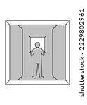 Surreal vector illustration, in grayscale, of a square window through which an empty cabin can be seen, with a character with his back turned to another window at the opposite end.