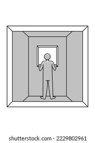 Surreal vector illustration, in grayscale, of a square window through which an empty cabin can be seen, with a character with his back turned to another window at the opposite end.