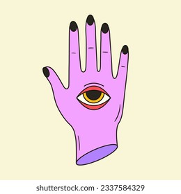 Surreal vector illustration of hand with psychedelic eye. Groovy 70s graphic. Funky acid art. Weird hallucination drawing