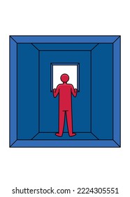 Surreal vector illustration of a square window through which an empty cabin can be seen, with a character with his back turned to another window at the opposite end.