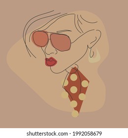 Surreal vector on an abstract background. Retro style girl portrait with modern line and geometric art. On a brown background. eighties style