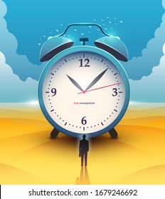 Surreal vector poster. Motivation and success. Time management. The businessman standing before the alarm clock.