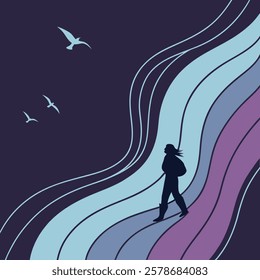 Surreal Vector Silhouette with Abstract Waves and Ethereal Flying Creatures