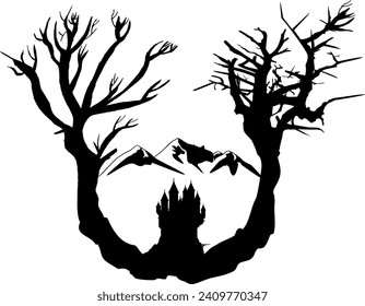 Surreal vector silhouette - fantasy landscape with floating trees, castle and mountains