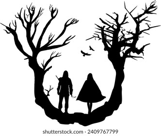 Surreal vector silhouette - fantasy scene - mage and hunter with gnarled trees