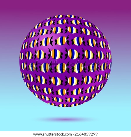 Surreal violet ball with stylized bright fishes. Unusual optical illusion of movement in the form of small floating fishes. 3d effect. Op art, pop art styles. For cover, backdrop and more.