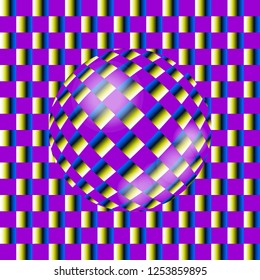 Surreal violet and yellow ball rolls along motley surface. Abstract optical illusion of the movement. Can be used as seamless pattern for postcard, textile, packing and more. Style op art. EPS10